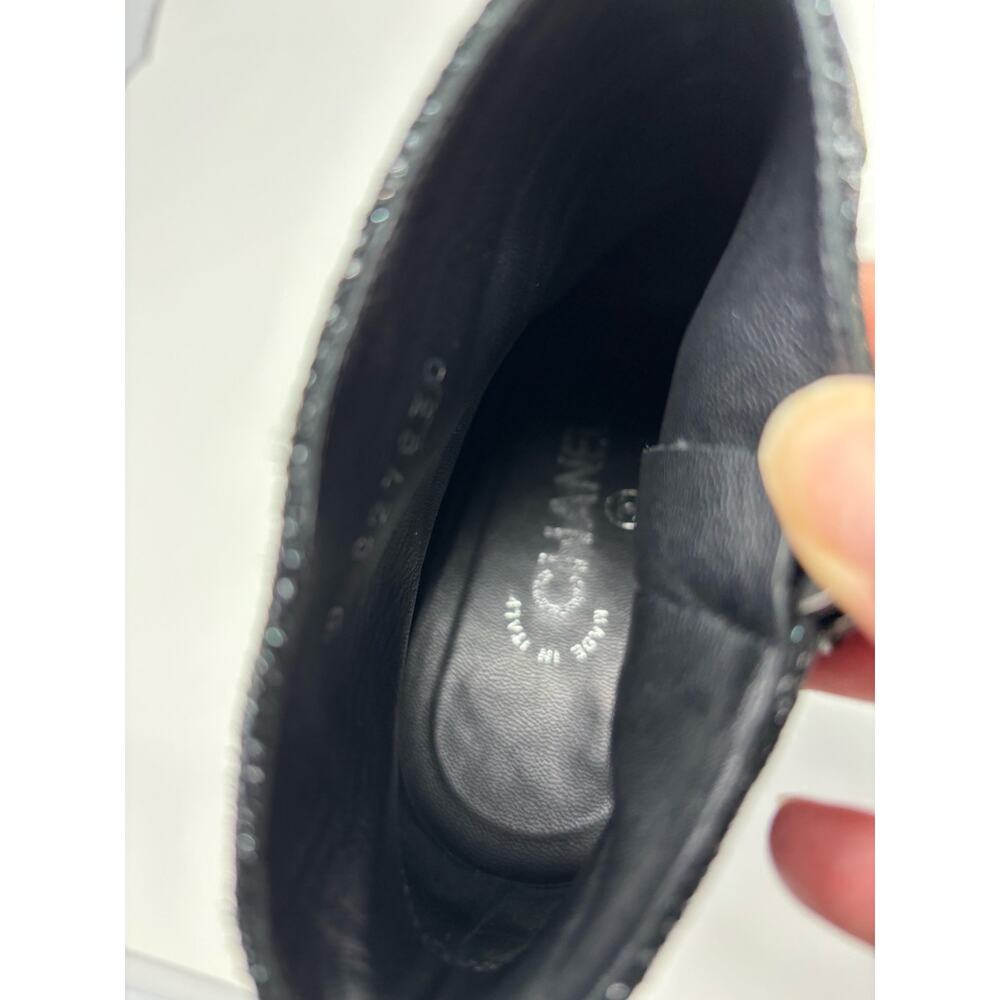 CHANEL Black Grey Glitter Leather Heel Booties Size 37 CC Logo - Picture 9 of 9